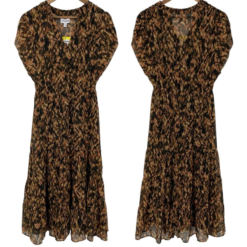 STEVE MADDEN NWT Tiered Printed V Neck Midi Dress Brown Size Small Lined